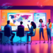 An innovative, futuristic office setting where a diverse group of marketing professionals is brainstorming around a high-tech, interactive digital board, visually displaying analytics and strategies f