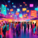 An imaginative digital painting of a bustling futuristic marketplace where diverse business professionals exchange glowing, symbolic icons representing innovative lead generation strategies.