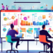 A bustling marketing office with a diverse team of professionals brainstorming around a digital whiteboard, visualizing inbound marketing strategies with colorful flowcharts and graphs; the room is fi