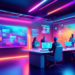 A vibrant digital artwork of a futuristic marketing agency office filled with diverse professionals brainstorming around a high-tech holographic display that visually represents different strategies a