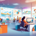 A dynamic digital illustration of a modern, bustling office environment where diverse team members are actively engaged in improving their lead generation process using Salesforce on multiple screens