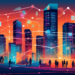 An urban skyline at sunset with digital icons of homes and people connecting through glowing lines of network representing online lead generation in real estate.