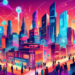 An animated cityscape of a bustling boomtown full of futuristic buildings, with diverse people networking and exchanging digital information, highlighted by visible digital connections and glowing ico