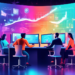 An artist's depiction of a bustling digital marketing office, with diverse team members brainstorming around a high-tech holographic display showing dynamic graphs and social media stats, symbolizing