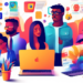 An illustrated digital marketing workshop with a diverse group of creative professionals brainstorming and designing a colorful Facebook lead generation campaign, featuring engaging graphics, laptops,