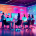 An animated and bustling digital marketing office with diverse team members brainstorming and strategizing around a high-tech, holographic display that showcases graphs and flowcharts related to sales