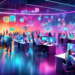 Digital artwork depicting a bustling, futuristic office space filled with diverse professionals using holographic devices and large interactive displays to analyze and manage vibrant, dynamic social m