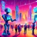 An imaginative digital artwork of a futuristic marketplace bustling with humanoid robots and diverse people engaging and negotiating deals with holographic displays showing graphs and statistics, set