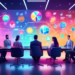 Digital artwork of a corporate meeting room with diverse business professionals evaluating a holographic display of various logos and analytic data representing demand generation agencies.