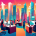 A detailed, vibrant digital illustration of a modern, bustling office environment where diverse professionals are engaged in animated discussions over documents, digital devices, and strategy boards,