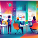 A vibrant, modern office setting filled with diverse professionals actively engaged in a dynamic brainstorming session, with digital screens displaying analytics and graphs, in a creative and lively a