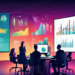 A bustling, dynamic office scene with a diverse group of business professionals gathered around a large digital screen displaying various graphs and statistics about lead providers. The environment is