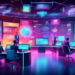 An imaginative digital artwork of marketers in a futuristic command center, strategizing over a holographic display that shows a dynamic flowchart of demand generation techniques, each strategy glowin