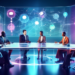 A digital illustration of a futuristic business meeting with diverse executives discussing over a holographic display of interconnected global networks, symbolizing B2B lead generation strategies. Inc