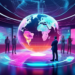 A futuristic digital marketing war room displaying a holographic projection of a globe with dynamic lines connecting various continents, where diverse marketing professionals in smart casual outfits i