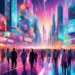 Create a digital artwork of a bustling futuristic cityscape where various holographic advertisements dynamically change to catch the attention of diverse crowds of people from different walks of life,