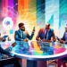 An artistic, vibrant digital painting of a diverse group of successful business people brainstorming around a modern glass table, filled with high-tech devices and dynamic charts displaying upward tre