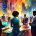 An artistic digital painting of a busy futuristic cityscape where diverse business professionals, depicted in sharp suits with glowing tech devices, creatively brainstorm and share glowing, tangible i