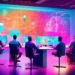 An imaginative digital workshop room filled with contractors brainstorming around a high-tech, holographic display showing various lead generation strategies, in an ultra-modern office environment.