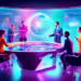 An imaginative digital workshop with marketing professionals brainstorming around a futuristic holographic display of dynamic lead generation strategies, in a modern, high-tech office environment.