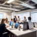 An image of a modern, bustling real estate office filled with mortgage brokers. In the foreground, a diverse group of professionals is engaged in various activities: one is analyzing data on a digital