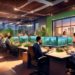 An artistic digital painting of a modern real estate office, bustling with diverse realtors engaging with clients and coworkers. Each desk features high-tech gadgets like tablets displaying graphs and