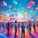 An engaging digital art piece depicting a bustling, futuristic marketplace where marketers deploy cutting-edge technology like virtual reality and artificial intelligence to attract and interact with