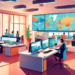 An illustrated scene showing a busy real estate office where agents are using advanced technology on multiple screens to manage and analyze real estate leads, with interactive maps, CRM software, and