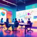 An imaginative conference room where a diverse group of marketing professionals are collaboratively brainstorming and drawing up dynamic B2B demand generation strategies on a futuristic digital whiteb