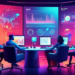 An image of a modern, high-tech digital marketing war room filled with diverse professionals working collaboratively. On large screens, display data analytics, social media trends, and a dynamic 3D pi