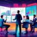 An illustrated digital conference room scene showing a diverse group of business professionals engaging in a dynamic brainstorming session with digital screens displaying graphs, analytics, and innova