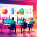 An office setting with a diverse team of professionals creatively brainstorming around a digital whiteboard, full of colorful charts and graphs displaying service lead generation strategies, in a mode