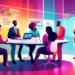 Create an image of a diverse group of marketing professionals brainstorming around a high-tech digital table, displaying graphs and analytics, in a modern, bright office environment, with digital scre