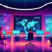 An illustration of a futuristic digital marketing command center with diverse team members using advanced technology to monitor and analyze real-time data on lead generation, featuring interactive scr