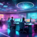 Digital artwork depicting a futuristic control room with marketers using advanced holographic displays to analyze and enhance lead generation strategies, in a busy, high-tech environment.