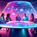 An illustrated brainstorming session with a diverse group of professionals seated around a futuristic, holographic table, actively engaging and sharing digital tools and innovative technologies for le