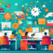 An artistic representation of various effective strategies for generating auto insurance leads, showcased in a colorful, busy office environment with professionals working on digital marketing, telema