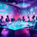 An imaginative digital artwork depicting a futuristic business conference room with diverse entrepreneurs engaging in a dynamic brainstorming session, surrounded by holographic displays of data analyt