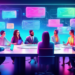 An illustrated digital conference room with a diverse team of marketing professionals brainstorming around a futuristic, holographic display showing various email lead generation strategies.