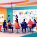 An illustrated meeting room scene with diverse professionals brainstorming, showing a large whiteboard filled with creative strategies for generating HVAC leads, vibrant flowcharts, and digital market