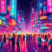 Busy city street bustling with diverse people using various technologies and holding signboards, all under neon signs promoting insurance companies, depicted in a vibrant, futuristic style.