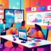 An illustration of a bustling digital marketing office, with diverse employees brainstorming around a high-tech touchscreen table displaying colorful graphs and social media statistics, in a vibrant,