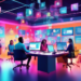 A bustling digital marketing office with a team of diverse professionals brainstorming around a high-tech holographic display showing various lead generation strategies. The room is filled with screen