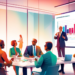 A digital painting of a professional business meeting taking place in a sleek, modern office, with a large screen showing a vibrant, detailed graph of increasing life insurance leads. The diverse grou