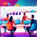 A vibrant and dynamic digital illustration of a bustling open-plan office, showcasing a diverse group of marketing professionals actively engaging in a brainstorming session around a large table fille