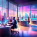 An imaginative and busy office setting with a diverse group of real estate agents brainstorming around a futuristic, holographic display showing various properties and client profiles, in a sleek, mod