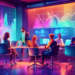 A bustling digital marketing office with a diverse team of professionals brainstorming around a high-tech, holographic display showing graphs, social media metrics, and contact lists. The setting shou