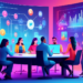 A dynamic digital illustration showing a group of diverse professionals brainstorming around a holographic display of graphs and social media icons, highlighting innovative lead generation strategies