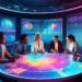 An artistic representation of a diverse group of professionals brainstorming around a futuristic digital table, with vibrant holographic displays showing charts, graphs, and digital networks, in a sle