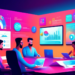 A brightly lit, modern conference room with a diverse group of professionals engaged in a dynamic workshop on digital marketing strategies. On a large screen, there's a vibrant presentation titled Eff